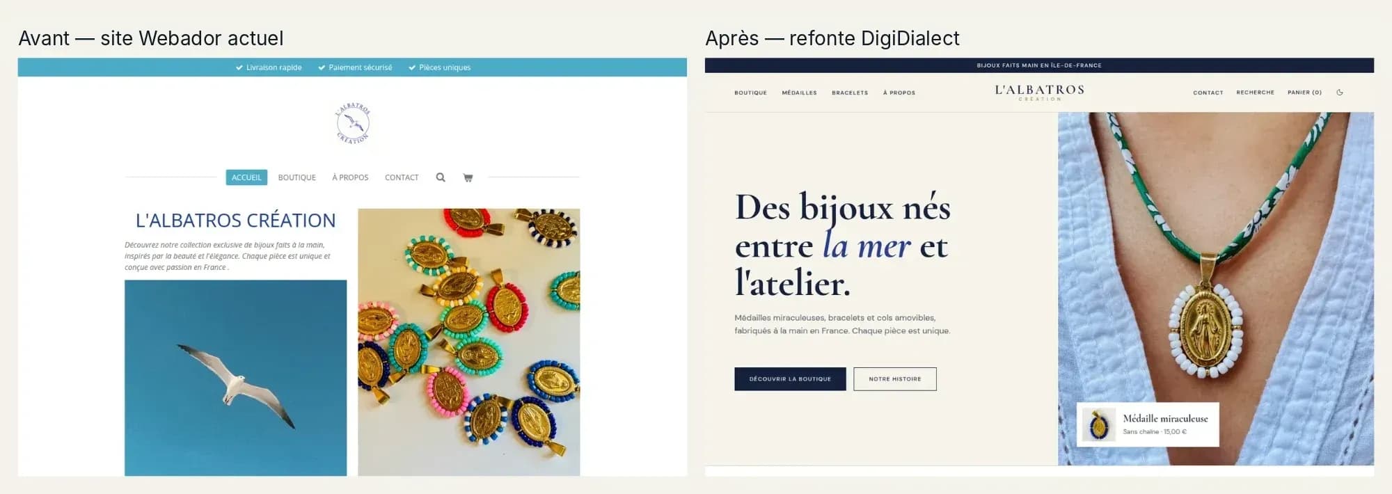Page d'accueil de L'Albatros Création : site Webador actuel à gauche, refonte à droite