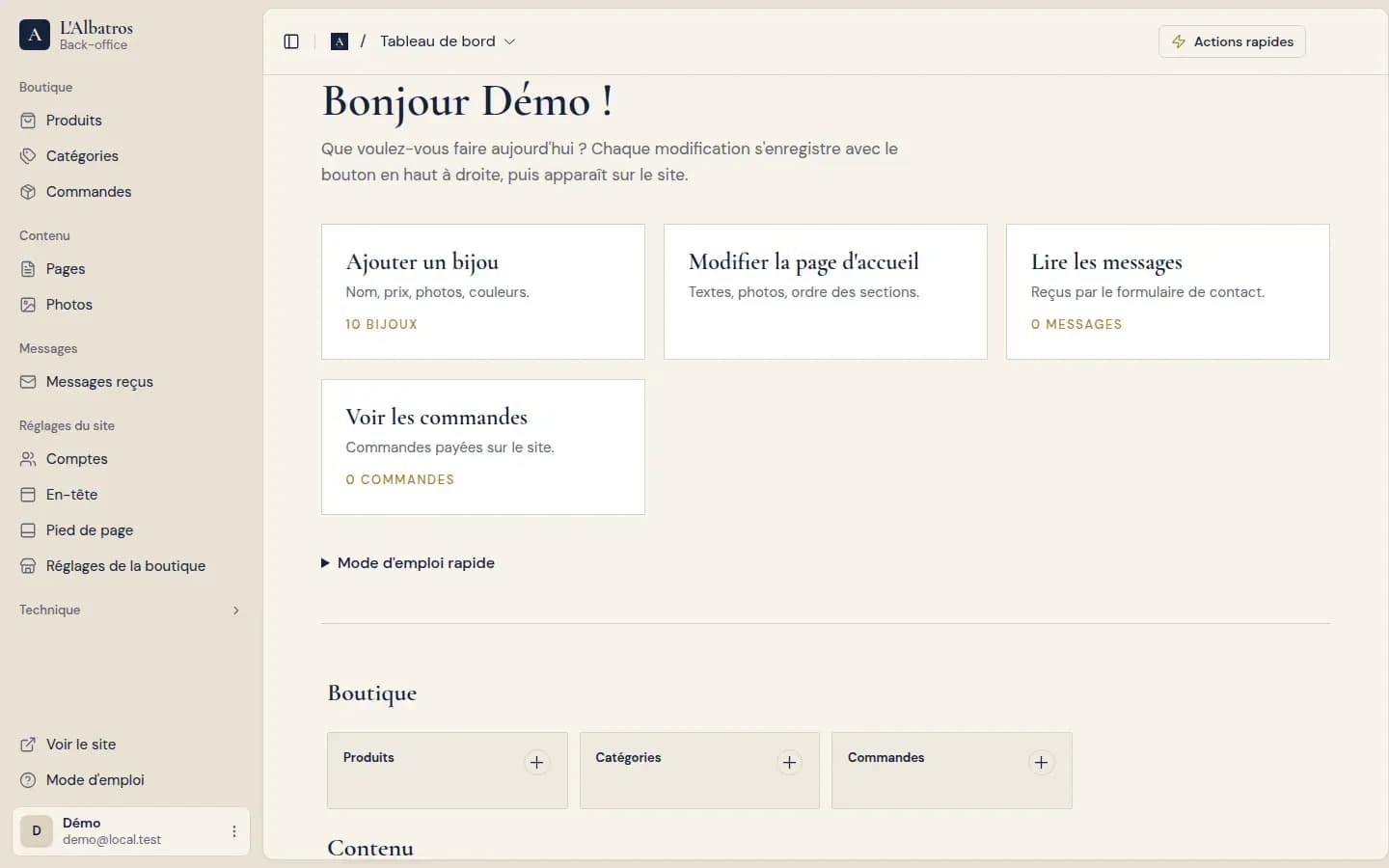 Tableau de bord du back-office, avec les raccourcis pour les gérants